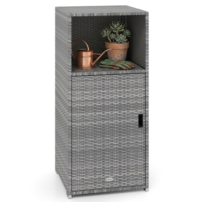 Black outdoor PE wicker storage cabinet with door and open compartment, ideal for patio storage and outdoor organization.