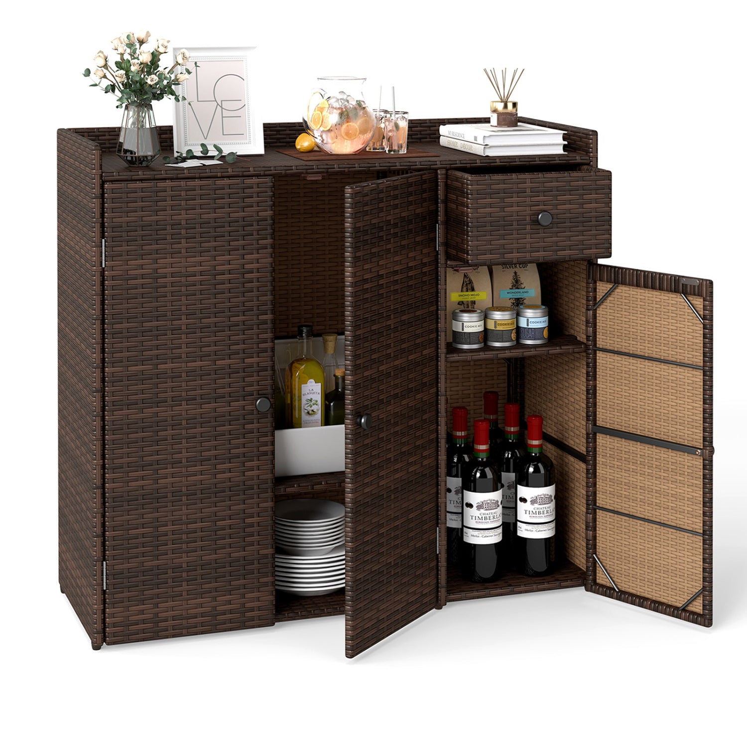 Brown outdoor PE wicker storage cabinet with 3 doors, adjustable shelves, and a drawer for outdoor storage solutions.