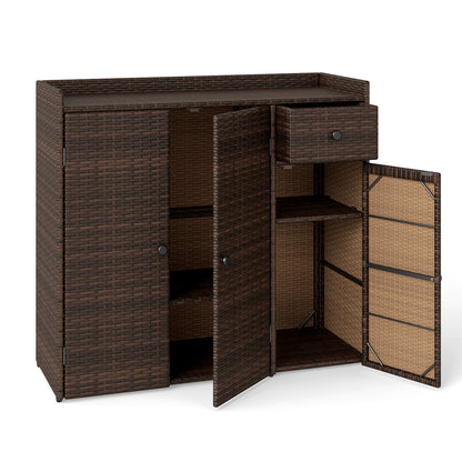 Brown outdoor PE wicker storage cabinet with 3 doors, adjustable shelves, and a drawer for outdoor storage and organization.