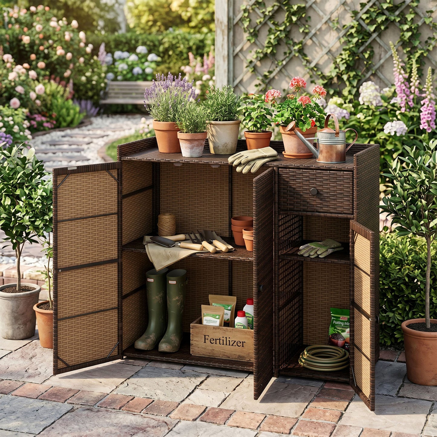 Brown outdoor PE wicker storage cabinet with three doors, adjustable shelves, and a drawer for outdoor storage solutions.