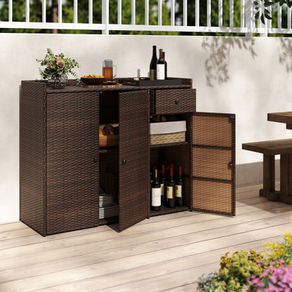 Brown outdoor PE wicker storage cabinet with 3 doors, adjustable shelves, and a drawer, ideal for outdoor storage.
