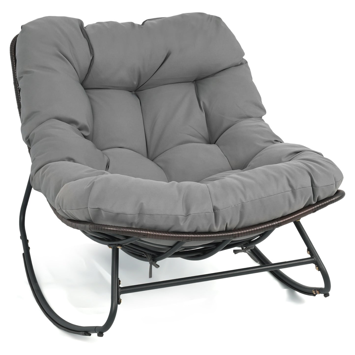 Black outdoor papasan rocking chair with thick cushion and pads, perfect for patio seating and outdoor relaxation.