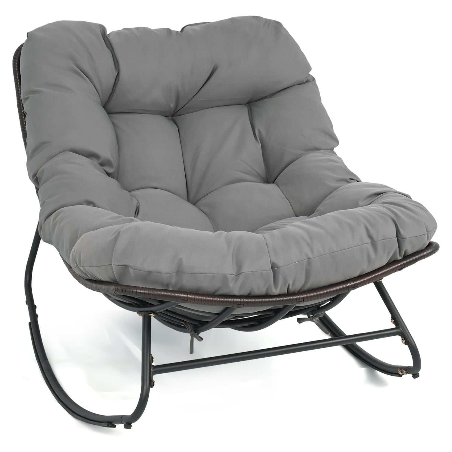 Black outdoor papasan rocking chair with thick cushion and pads, perfect for patio seating and outdoor relaxation.