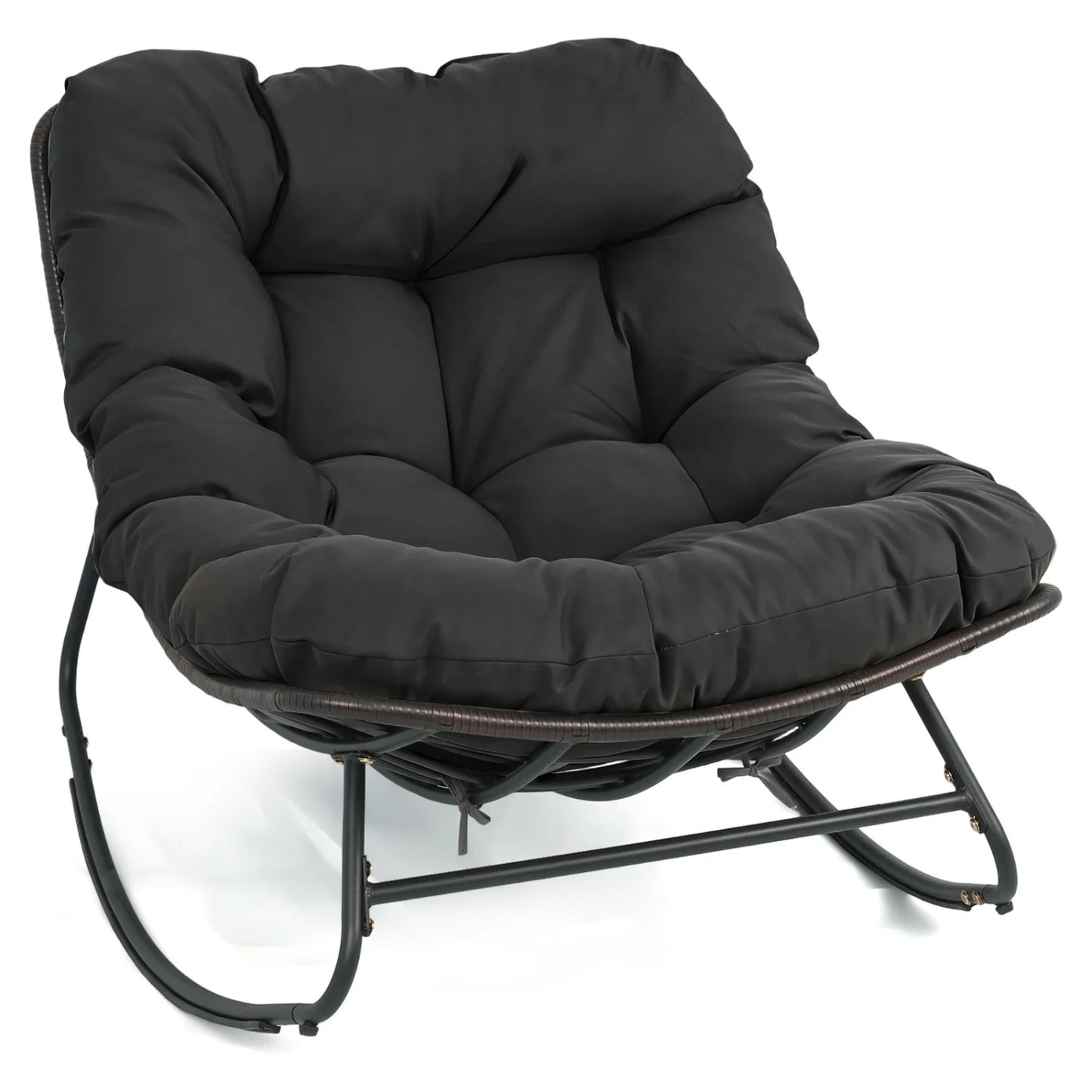 Outdoor black papasan rocking chair with thick cushion and pads, outdoor patio furniture for comfortable outdoor seating.