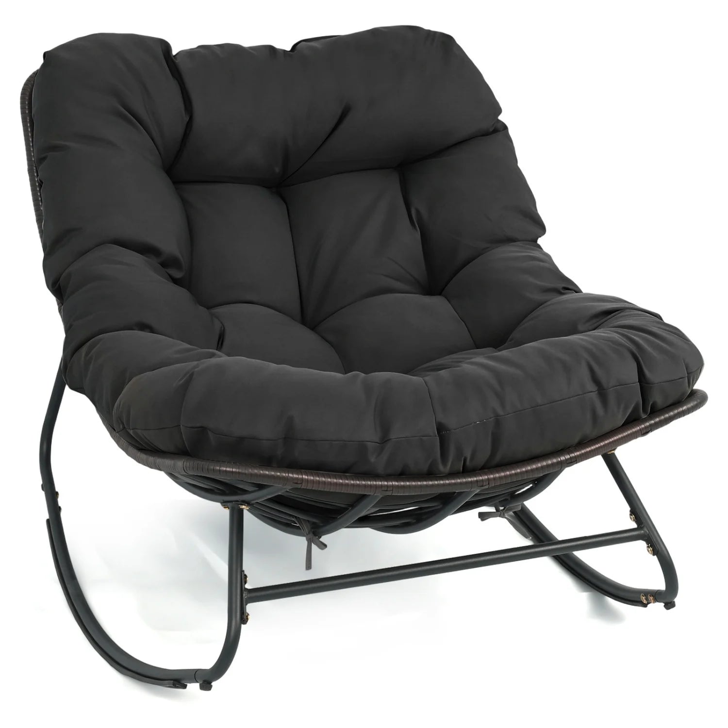 Outdoor black papasan rocking chair with thick cushion and pads, outdoor patio furniture for comfortable outdoor seating.