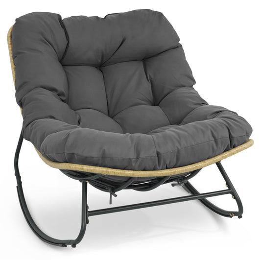 Gray outdoor papasan rocking chair with thick cushioned seat, perfect for patio relaxation and outdoor seating.