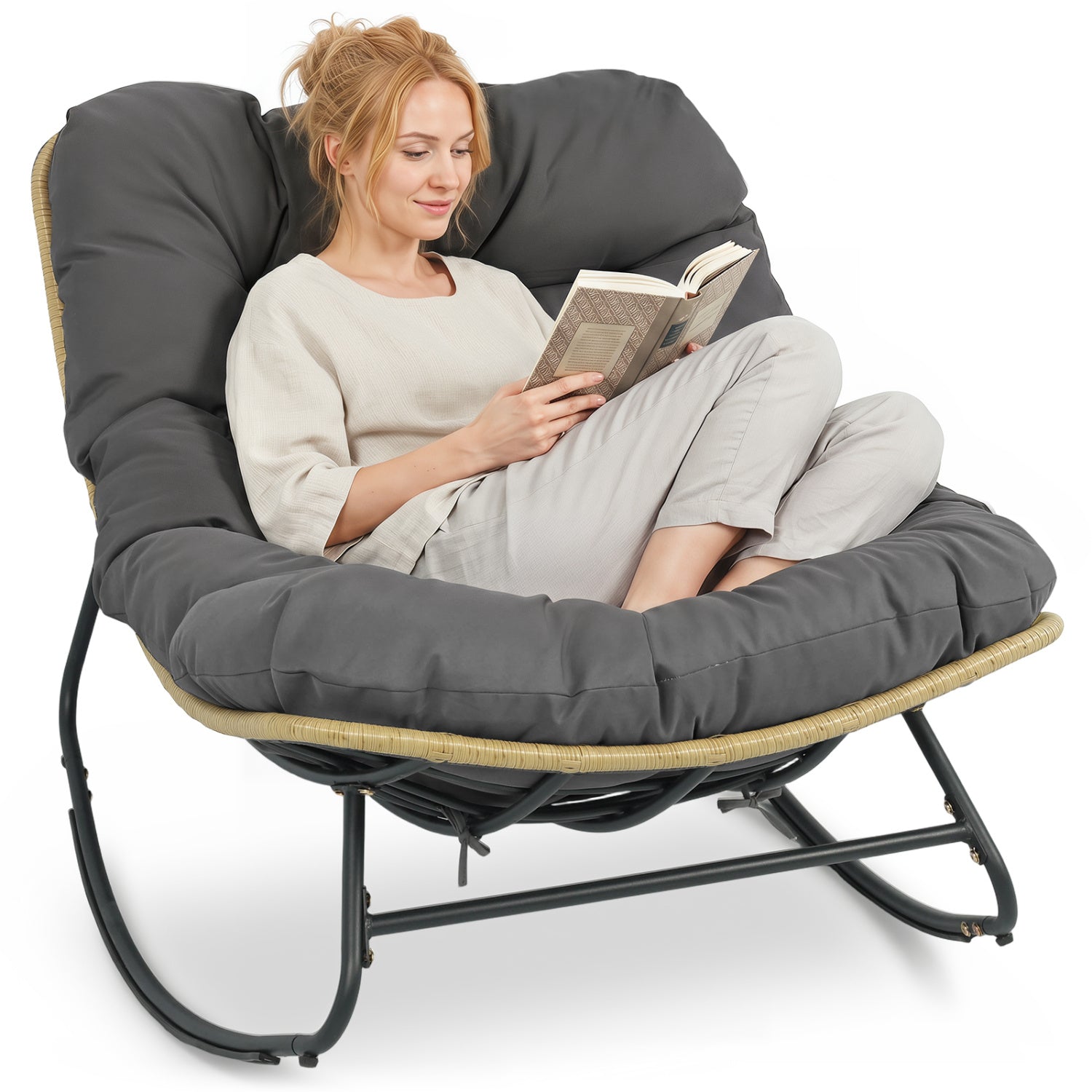 Gray outdoor papasan rocking chair with thick cushioned seat for patio relaxation, perfect for outdoor and patio seating.