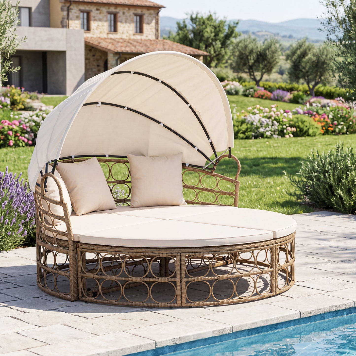 Outdoor Patio Daybed with Retractable Canopy and Cushions Yellow Wicker Rattan Furniture Set-White