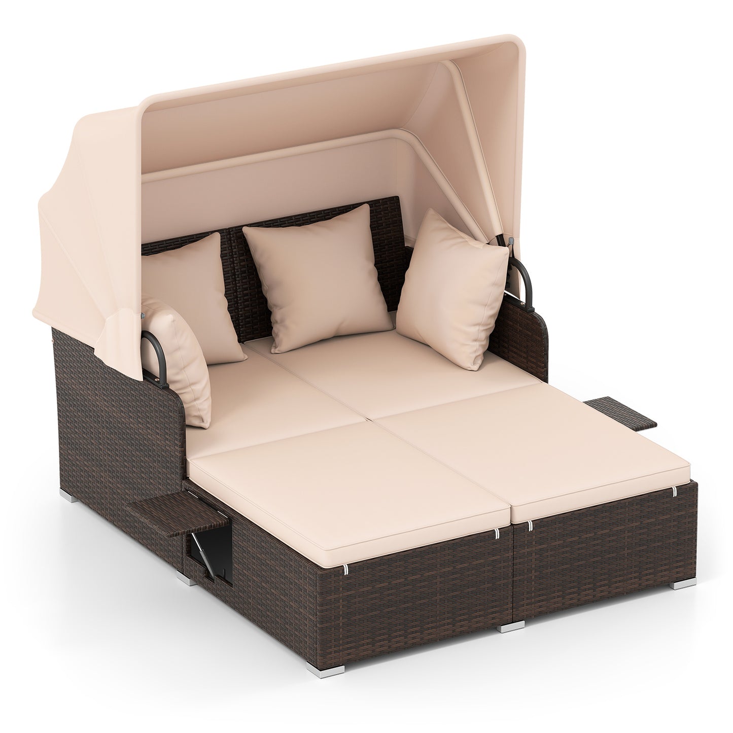 Outdoor Patio Rattan Daybed with Retractable Canopy and Side Tables-Beige