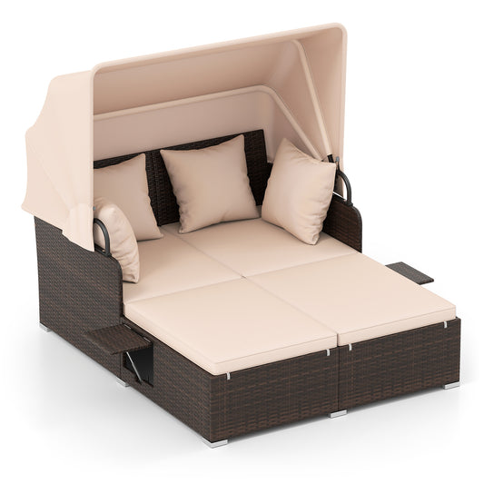 Outdoor Patio Rattan Daybed with Retractable Canopy and Side Tables-Beige