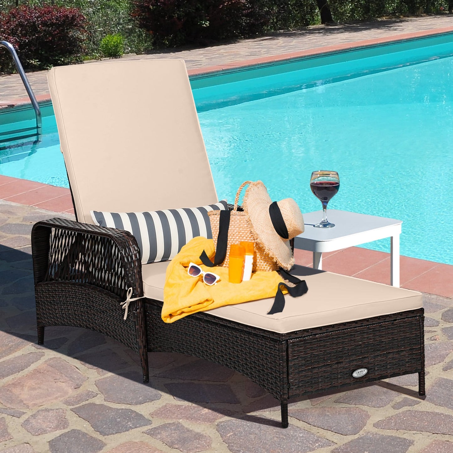 Outdoor Patio Wicker Chaise Lounge Chair with Adjustable Backrest and Pillow-Beige