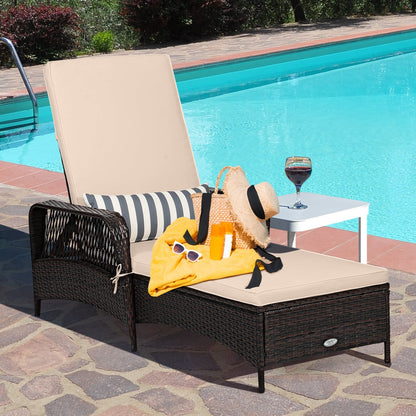 Outdoor Patio Wicker Chaise Lounge Chair with Adjustable Backrest and Pillow-Beige