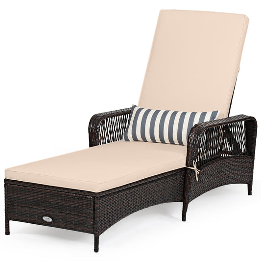 Outdoor Patio Wicker Chaise Lounge Chair with Adjustable Backrest and Pillow-Beige