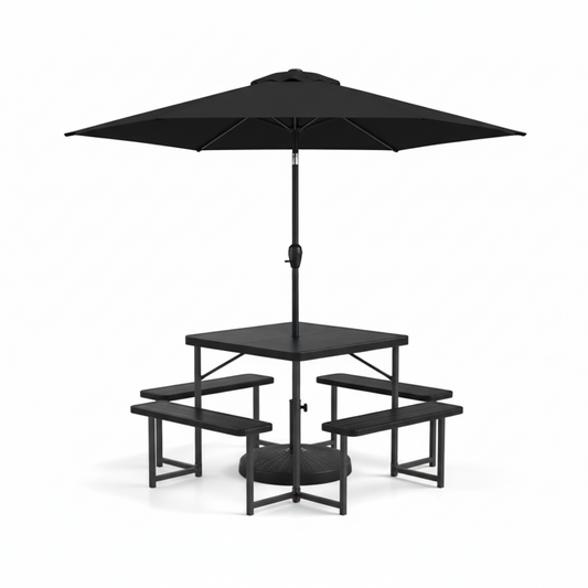 Outdoor picnic table and bench set with umbrella and base, seating 4-8 people, by Wilsons Home Store for patio or outdoor use.