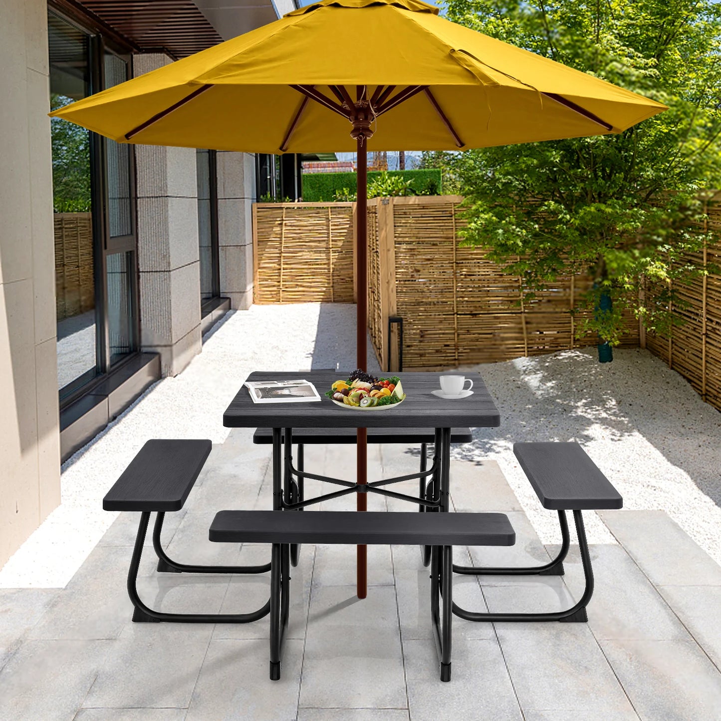 Outdoor Picnic Table with 4 Benches and Umbrella Hole-Brown