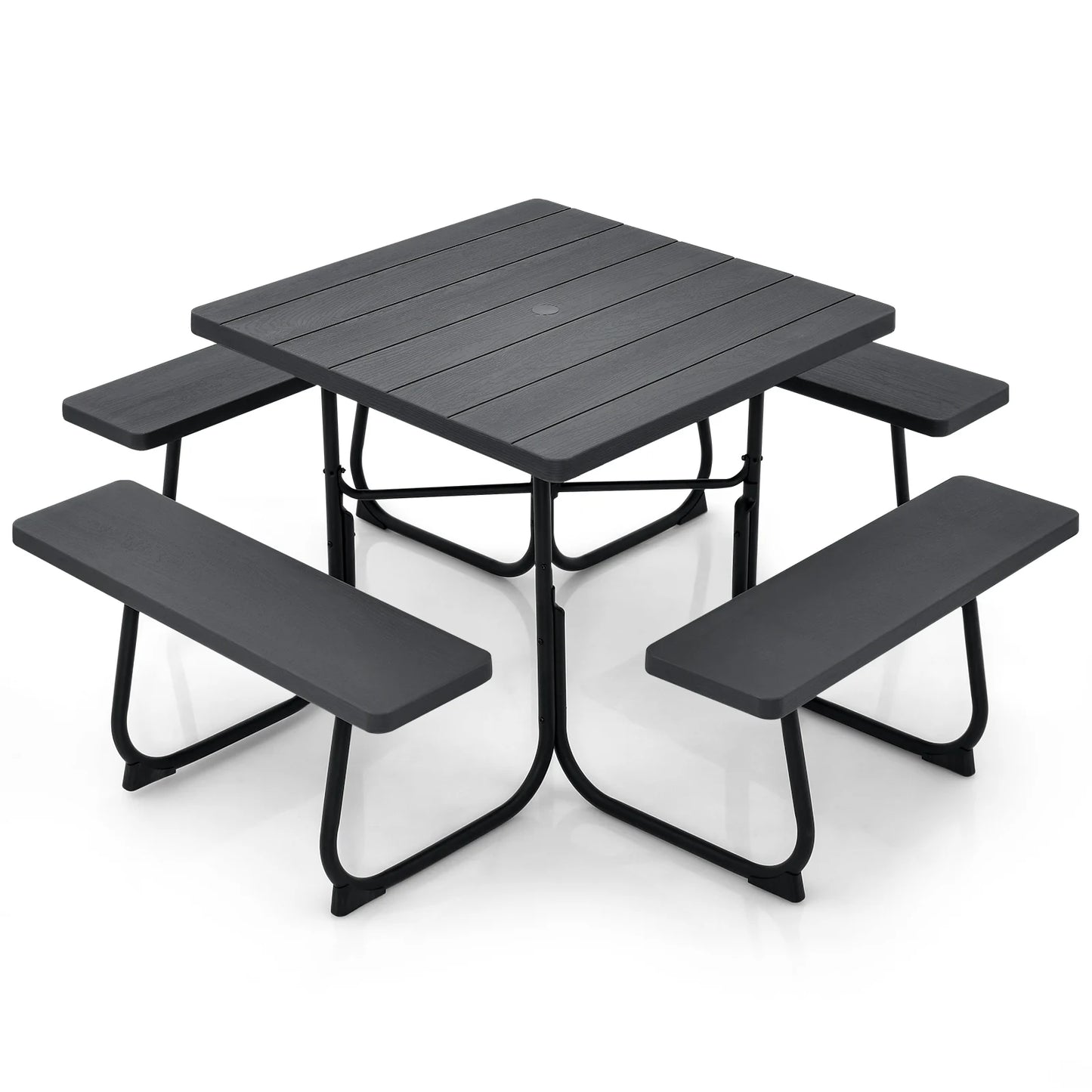 Outdoor Picnic Table with 4 Benches and Umbrella Hole-Brown