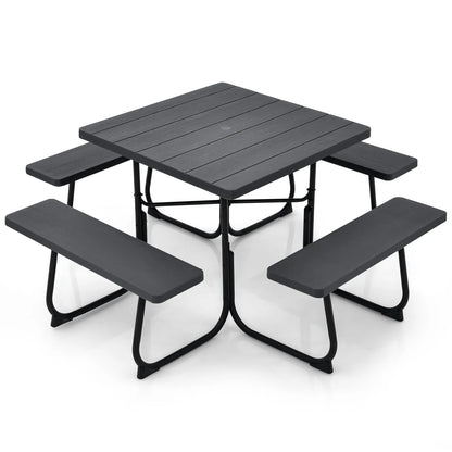 Outdoor Picnic Table with 4 Benches and Umbrella Hole-Brown