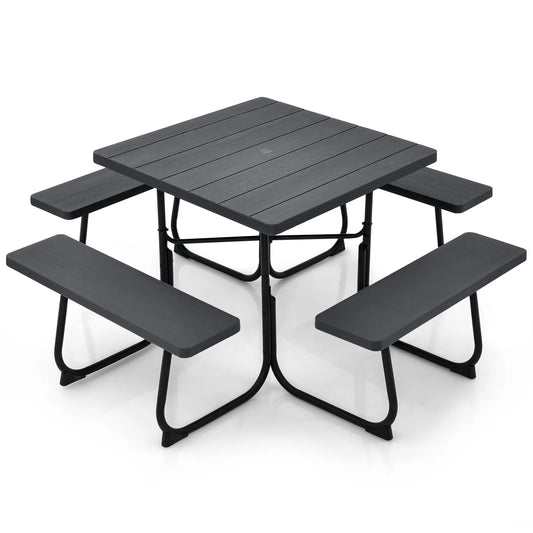 Outdoor Picnic Table with 4 Benches and Umbrella Hole-Brown