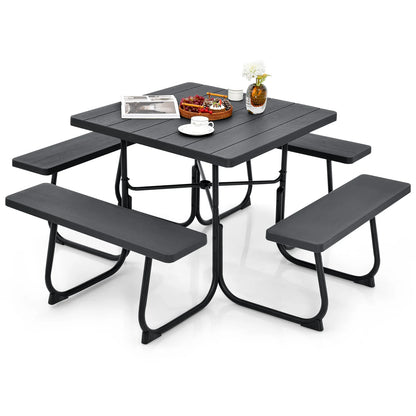 Outdoor Picnic Table with 4 Benches and Umbrella Hole-Brown