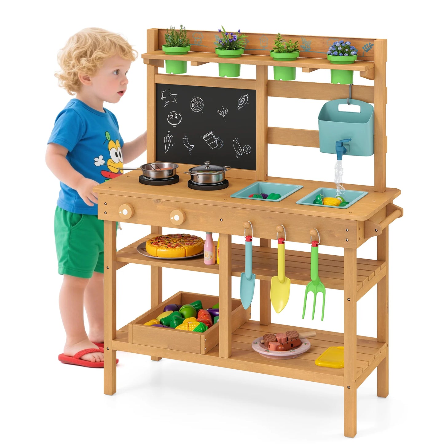 Outdoor Play Pretend Kitchen with Faucet and Removable Sinks for Children Aged 3+-Natural