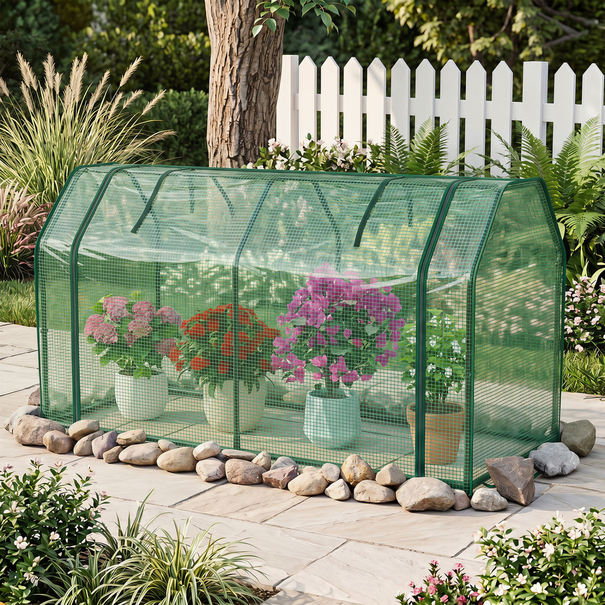 Green outdoor portable mini greenhouse with PE cover and zippered door for vegetables, ideal for garden use.