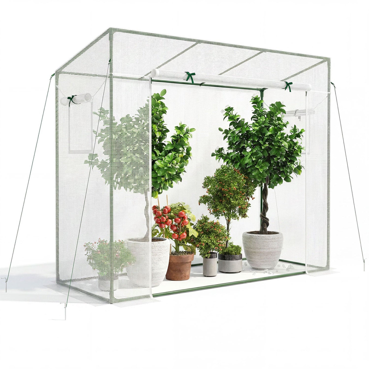 Outdoor portable walk-in greenhouse with white PE cover, roll-up zipper door, ideal for garden use.