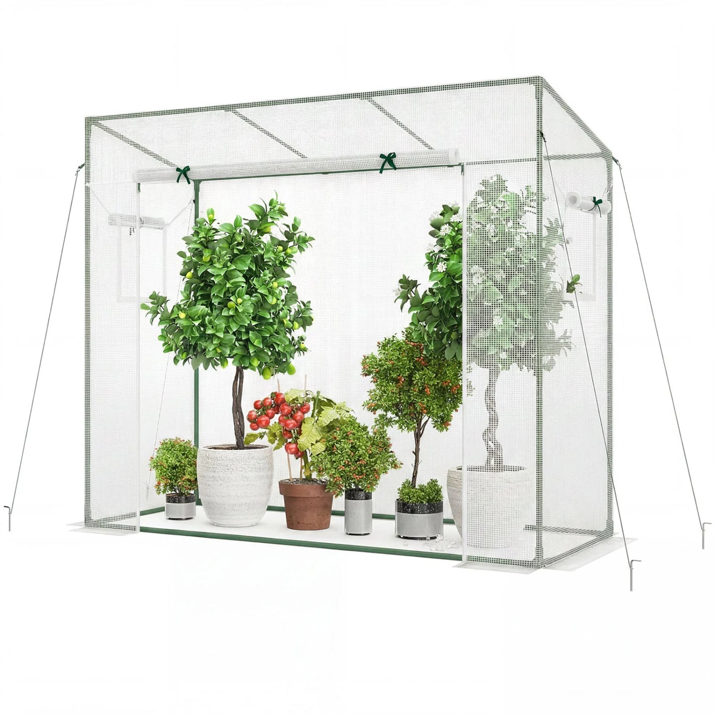 Portable outdoor walk-in greenhouse with white PE cover and roll-up zipper door, ideal for garden use.
