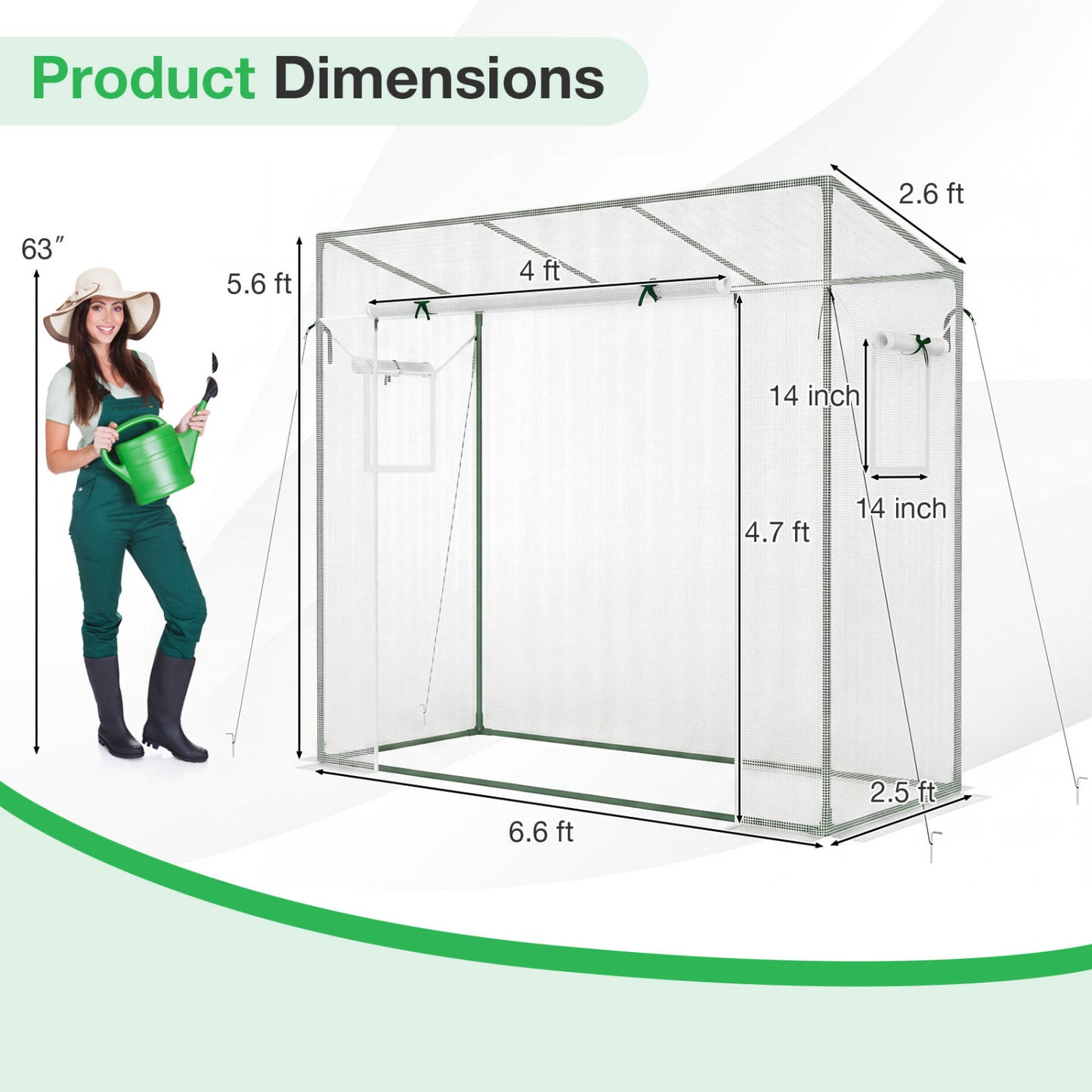 Outdoor portable walk-in greenhouse with white PE cover and roll-up zipper door, ideal for garden use.