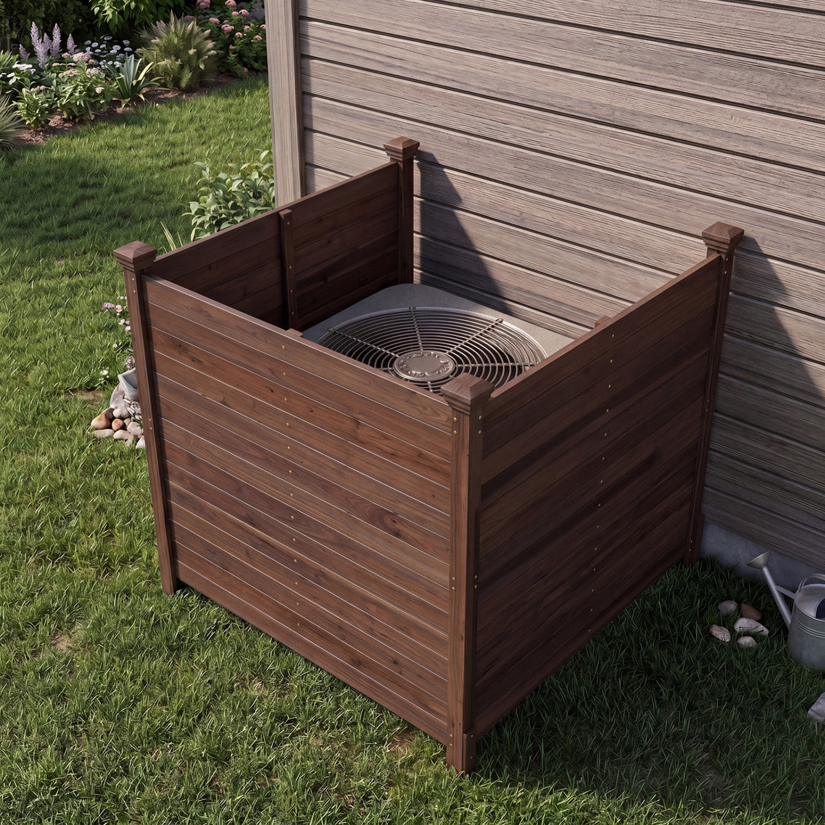 Black 3-panel outdoor privacy screen by Wilsons Home Store, designed to block view and add style to outside air conditioner units