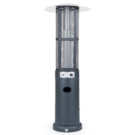 Dark gray outdoor propane patio heater with glass tube and tilt-over protection, ideal for outdoor heating spaces.