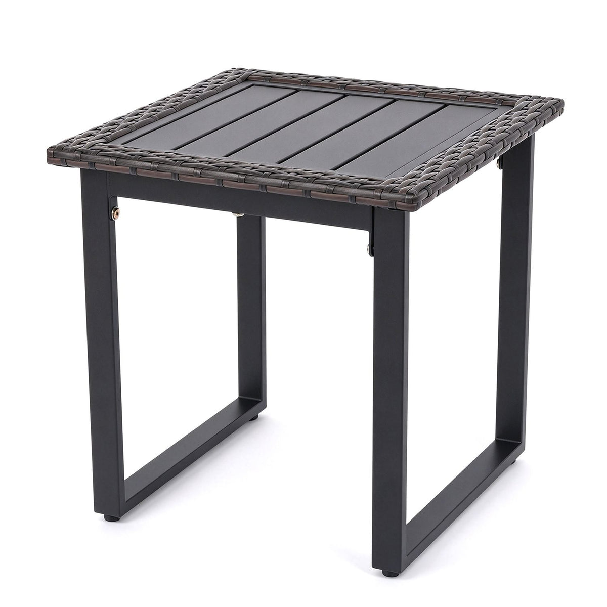 Outdoor rattan side table with slatted tabletop and PE rattan finish, perfect for outdoor patio or garden seating areas.