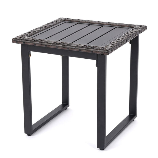 Outdoor rattan side table with slatted tabletop and PE rattan finish, perfect for outdoor patio or garden seating areas.