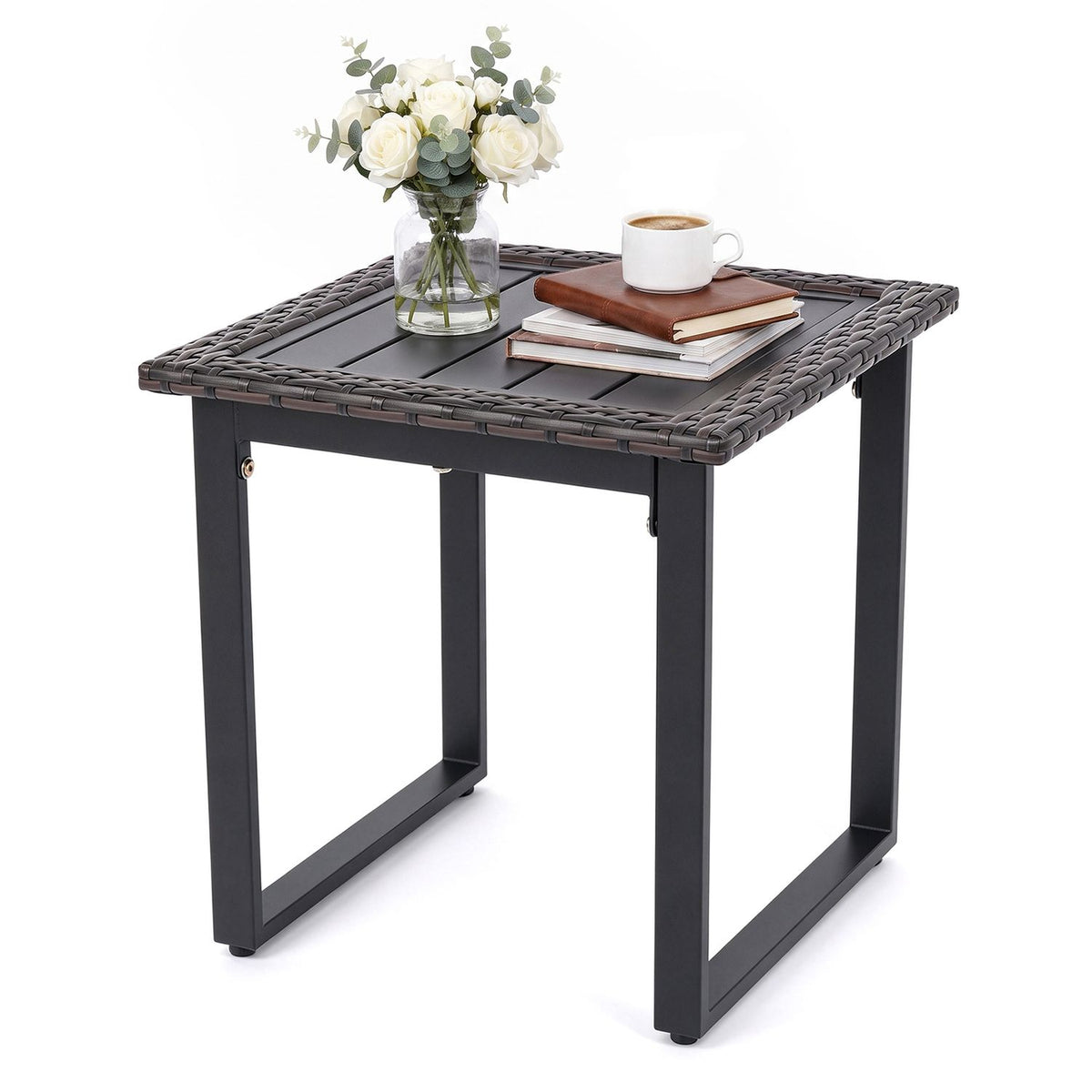 Outdoor rattan side table with slatted tabletop and PE rattan finish, ideal for patio and outdoor furniture setups.