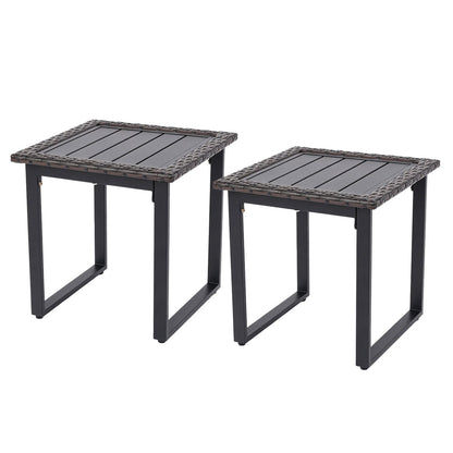 Outdoor rattan side table with slatted tabletop and PE rattan finish, suitable for patio outdoor furniture.