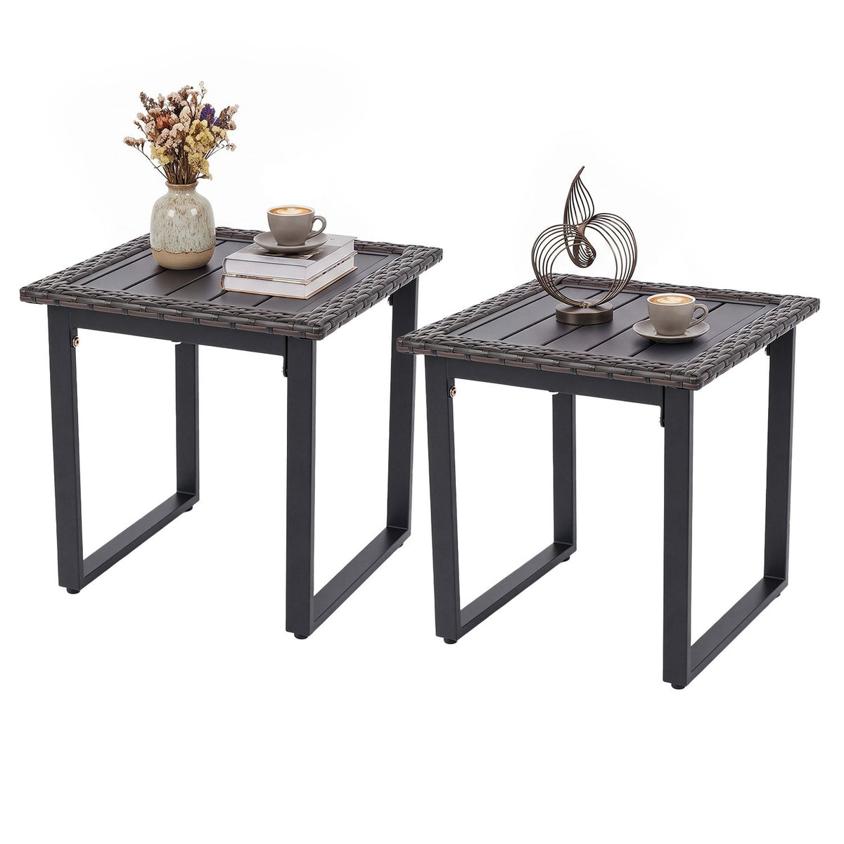 Outdoor rattan side table with slatted tabletop and PE rattan finish, ideal for patio or outdoor living spaces.