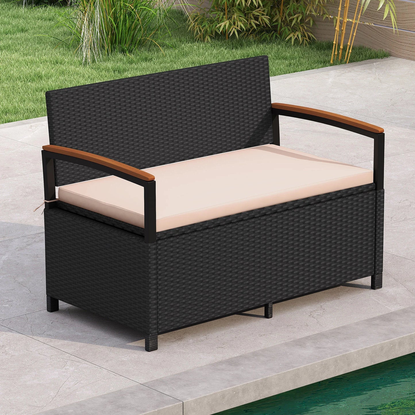Brown outdoor storage bench with cushion, ideal for patio furniture and garden sheds, by Wilsons Home Store.