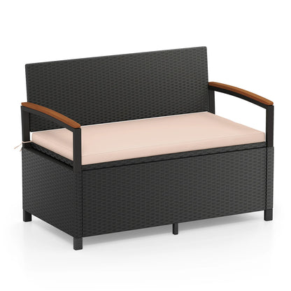 Brown outdoor storage bench with cushion, patio furniture and deck box for outdoor storage and seating.