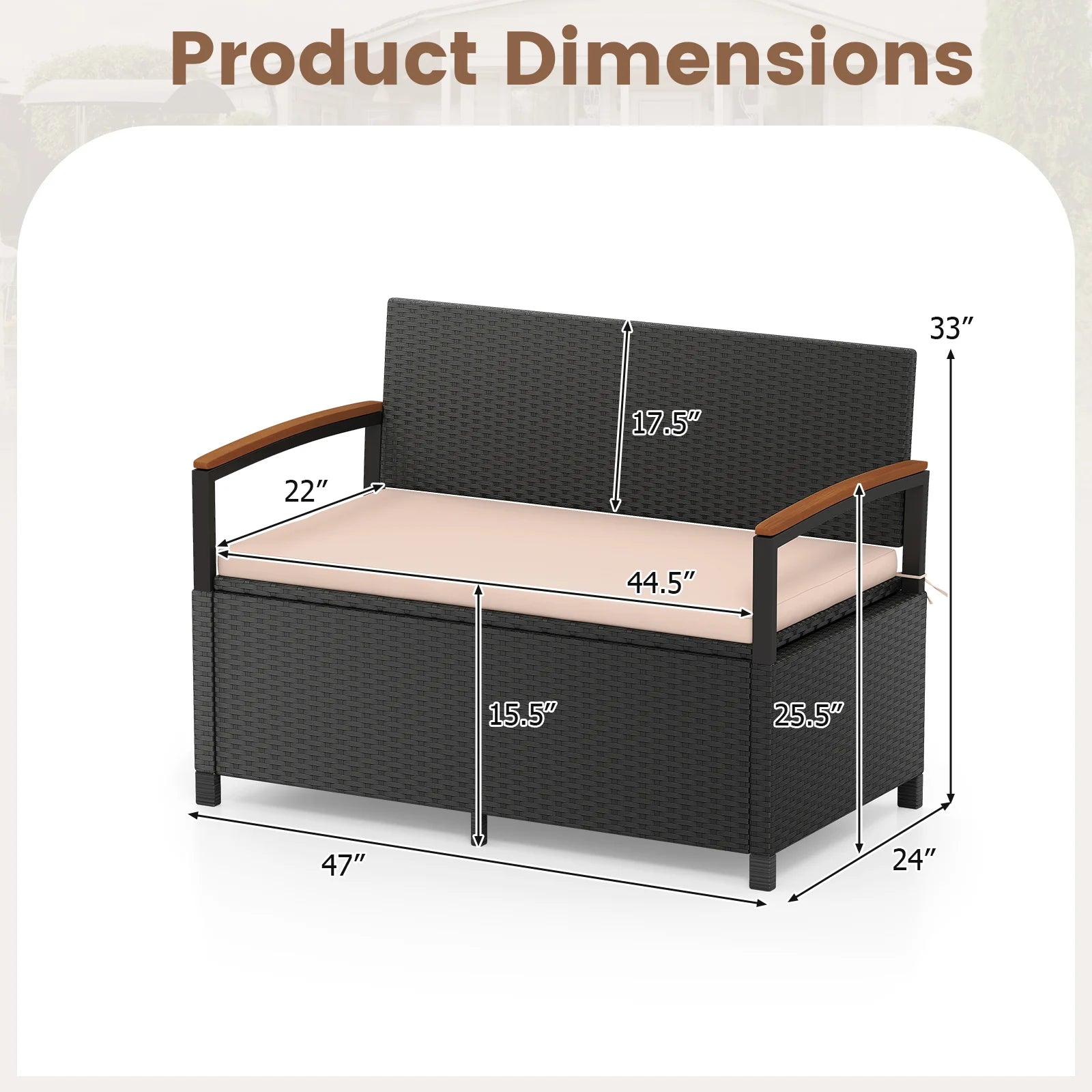 Brown outdoor storage bench with cushion, perfect for patio furniture and outdoor storage solutions by Wilsons Home Store.