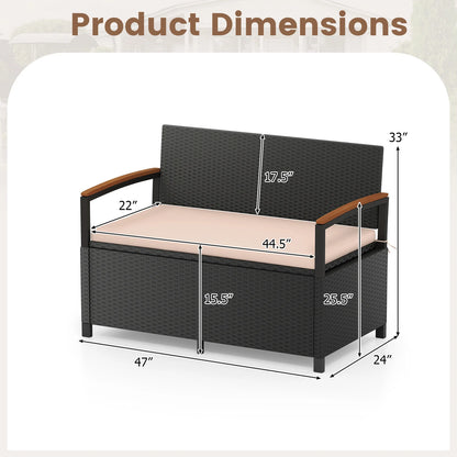 Brown outdoor storage bench with cushion, perfect for patio furniture and outdoor storage solutions by Wilsons Home Store.
