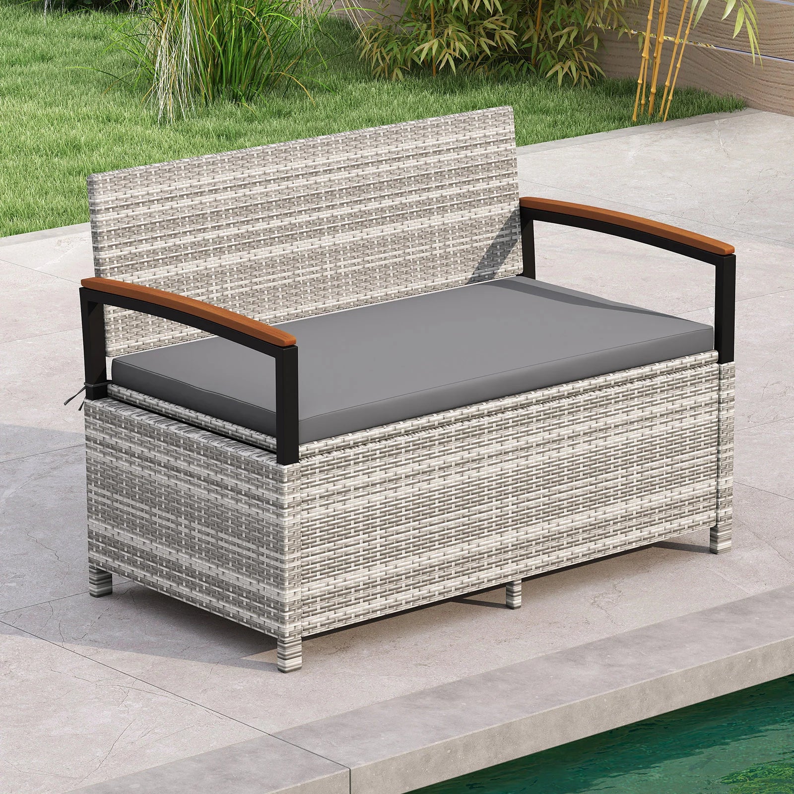 Brown outdoor storage bench deck box with cushion, perfect for patio furniture and outdoor storage needs.