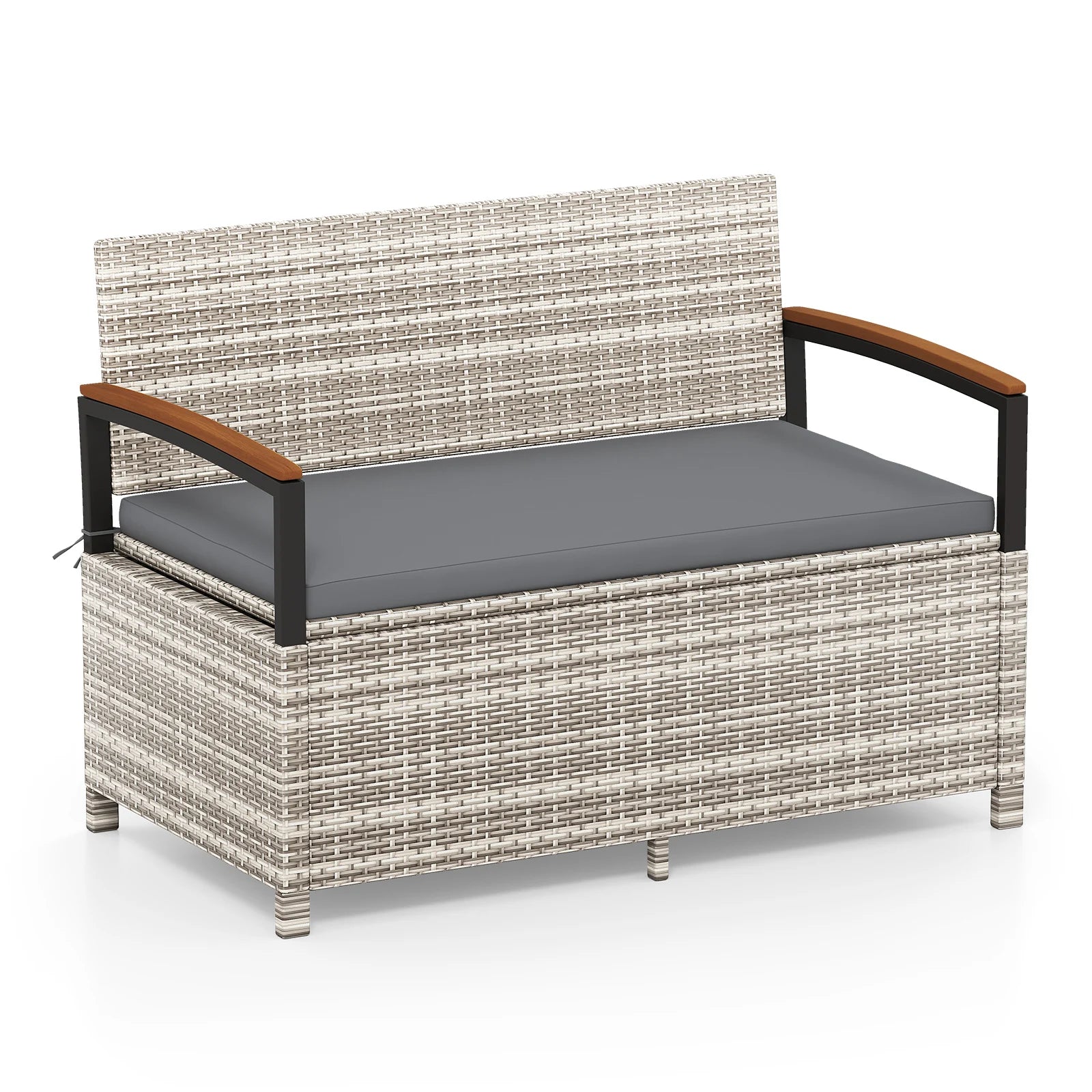 Brown outdoor storage bench deck box with cushioned seating, ideal for patio furniture and outdoor storage needs.