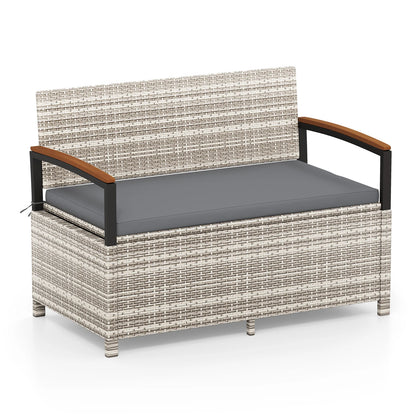 Brown outdoor storage bench deck box with cushioned seating, ideal for patio furniture and outdoor storage needs.