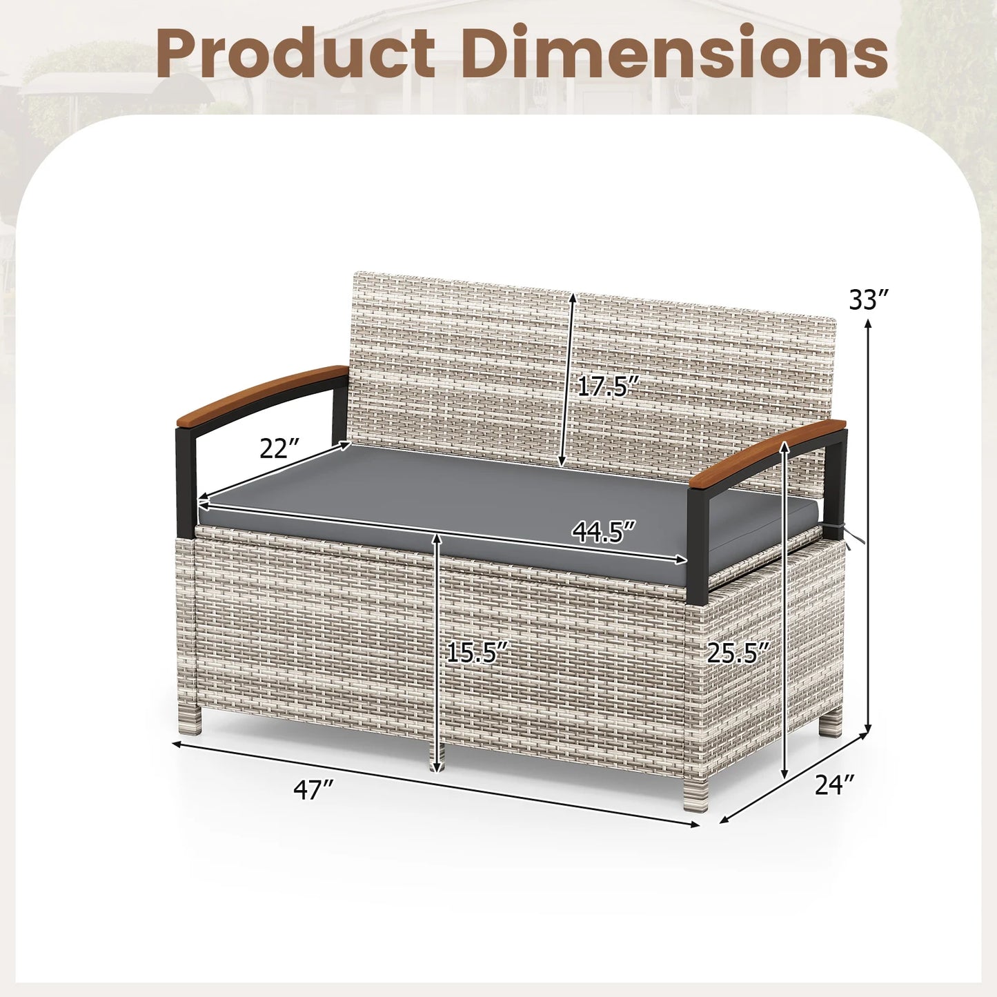 Brown outdoor storage bench deck box with cushion, perfect for patio furniture and outdoor storage solutions.