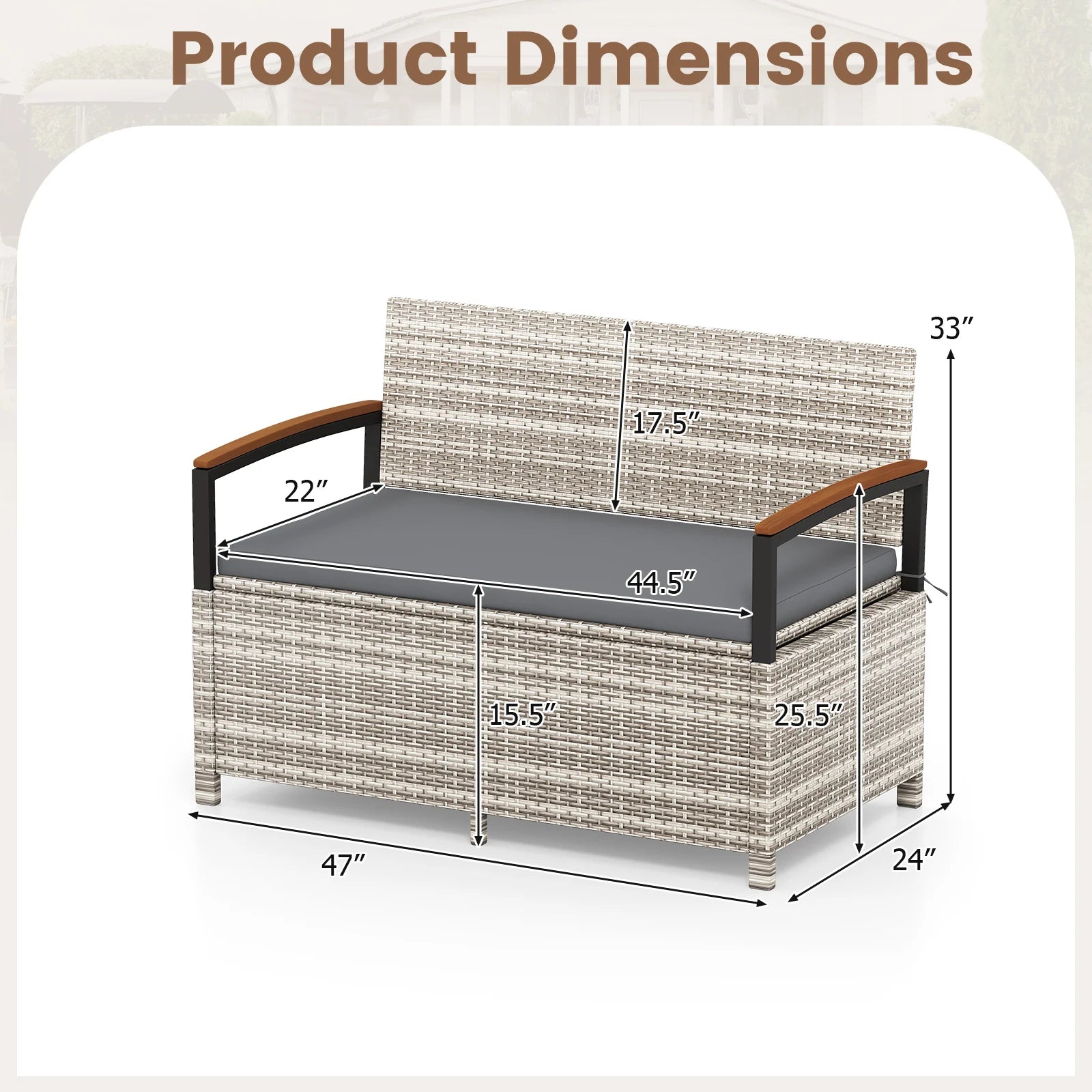 Brown outdoor storage bench deck box with cushion, perfect for patio furniture and outdoor storage solutions.