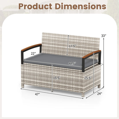 Brown outdoor storage bench deck box with cushion, perfect for patio furniture and outdoor storage solutions.