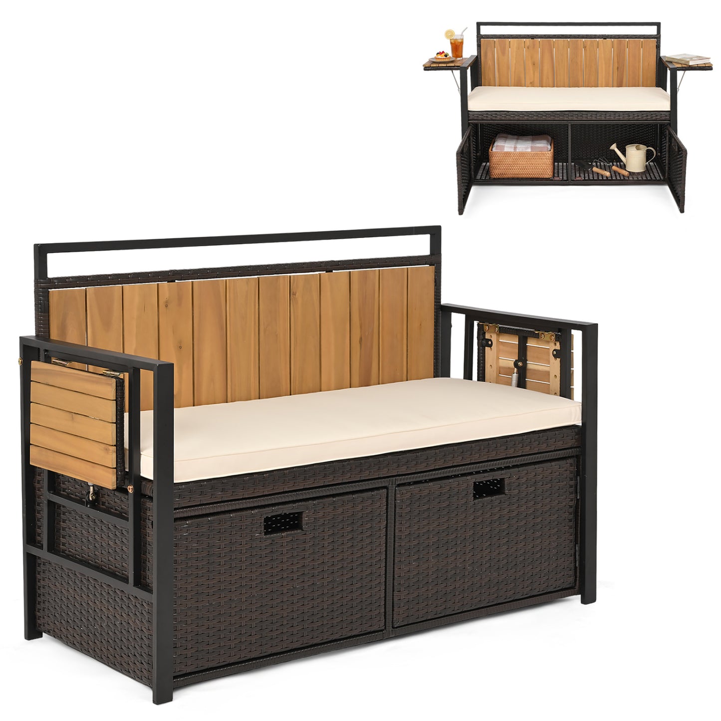 Outdoor storage bench with two side tables and two-seater bench seat, made by Direct by Wilsons Home Store for outdoor use.