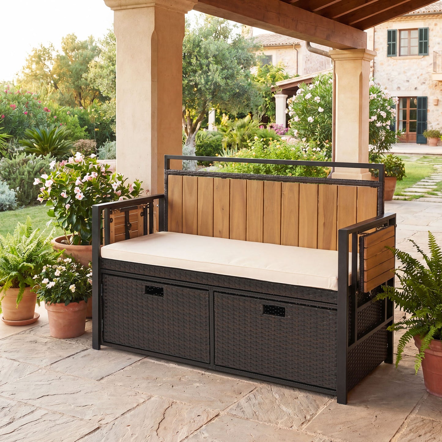 Outdoor storage bench with two side tables and a two-seater bench seat, made by Direct by Wilsons Home Store for outdoor use.