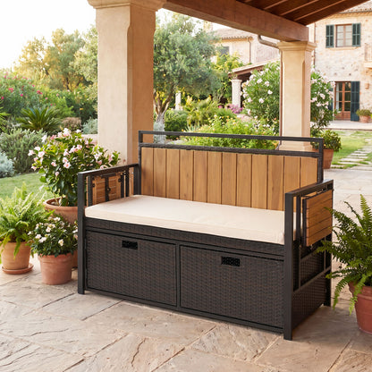 Outdoor storage bench with two side tables and a two-seater bench seat, made by Direct by Wilsons Home Store for outdoor use.