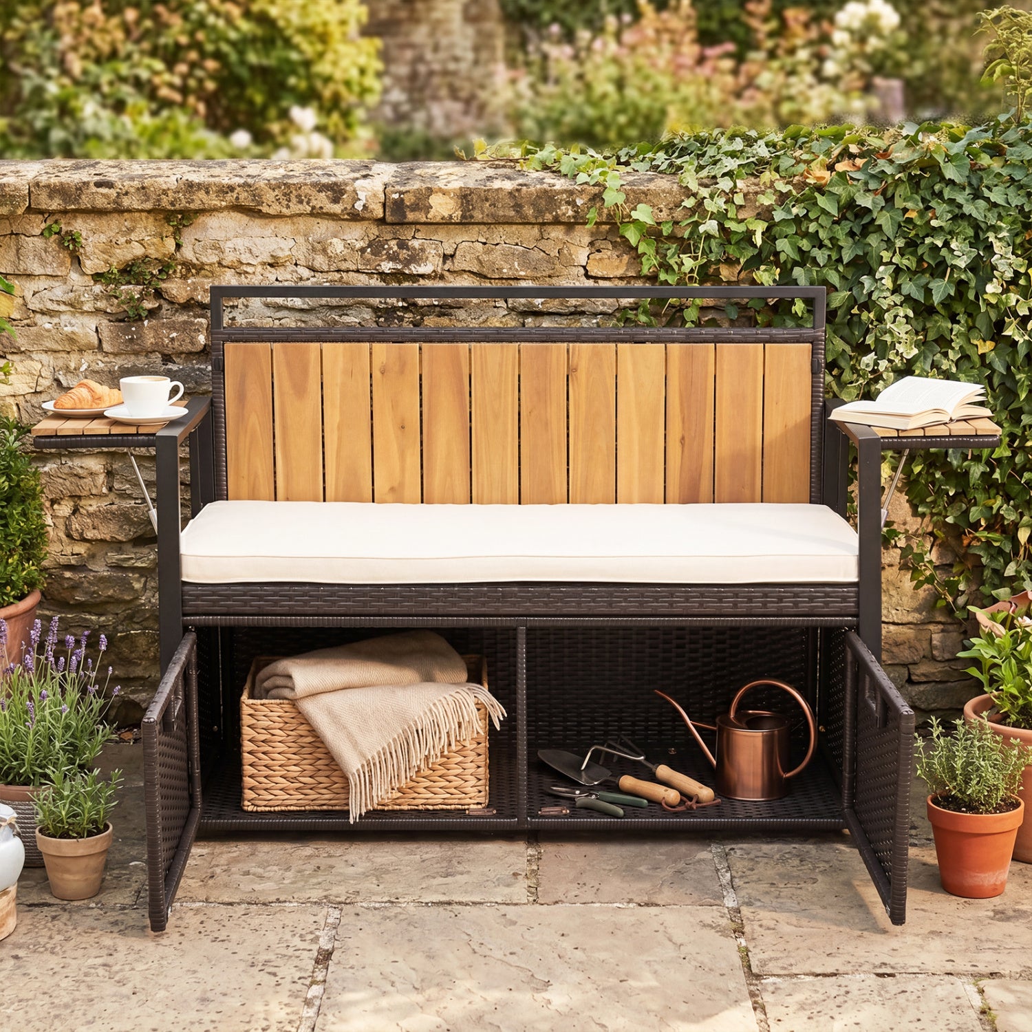 Outdoor storage bench with two side tables and a two-seater bench by Wilsons Home Store, weather-resistant outdoor furniture.
