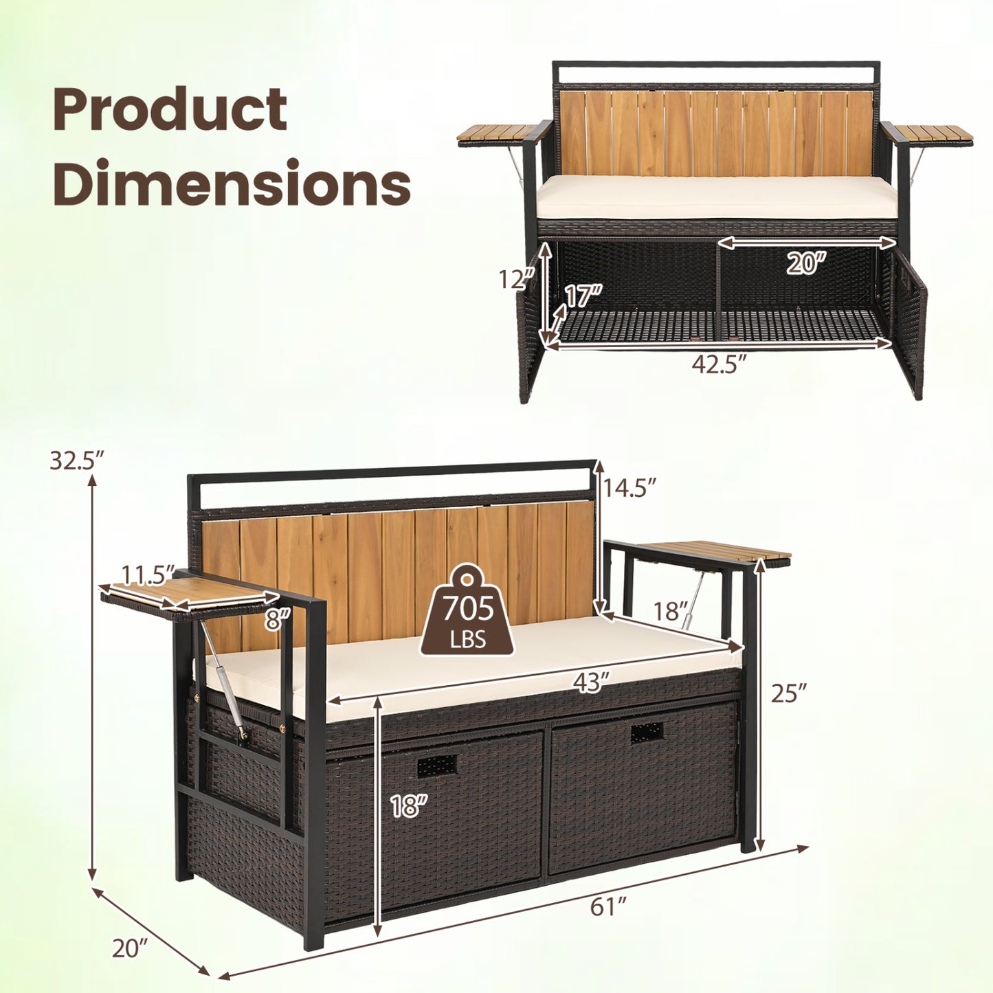 Outdoor storage bench with two side tables and two-seater bench seat by Wilsons Home Store, ideal for garden or patio storage.